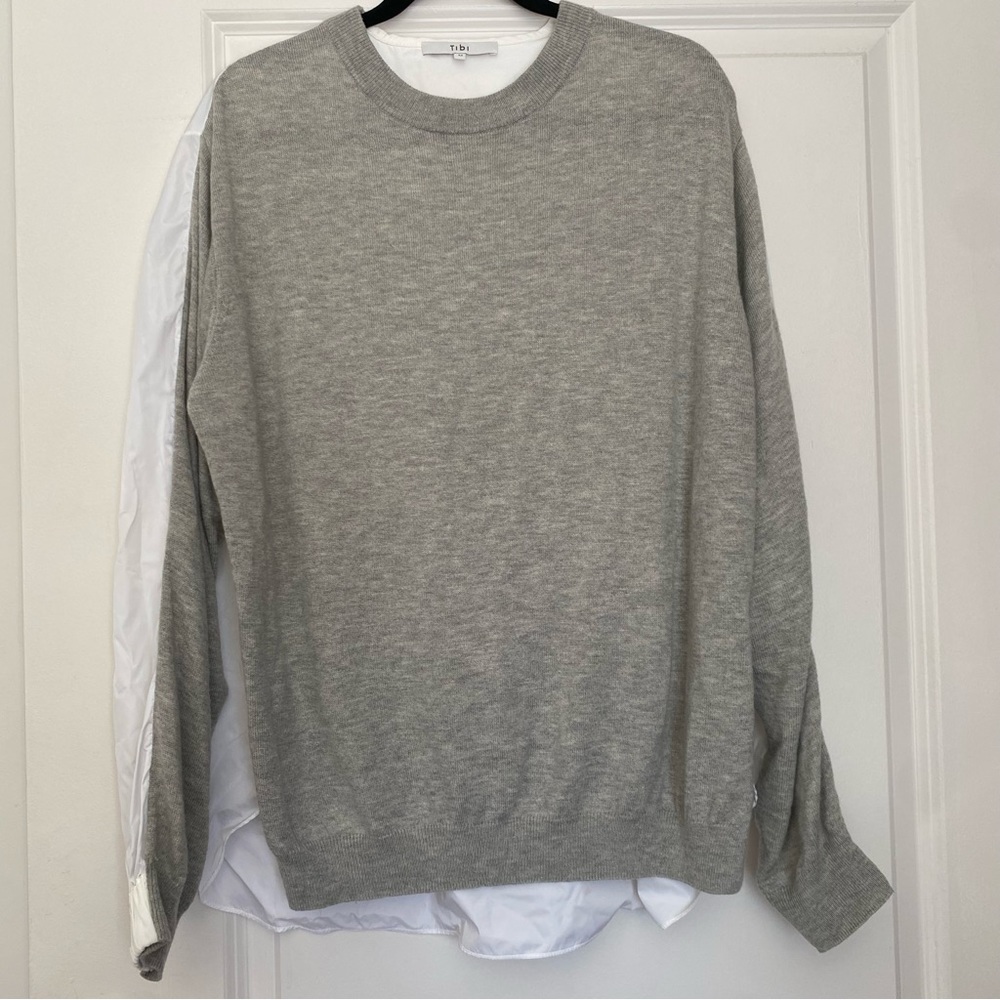 TIBI Gray Merino Wool Mixed-Media Sweater Top - Size Medium